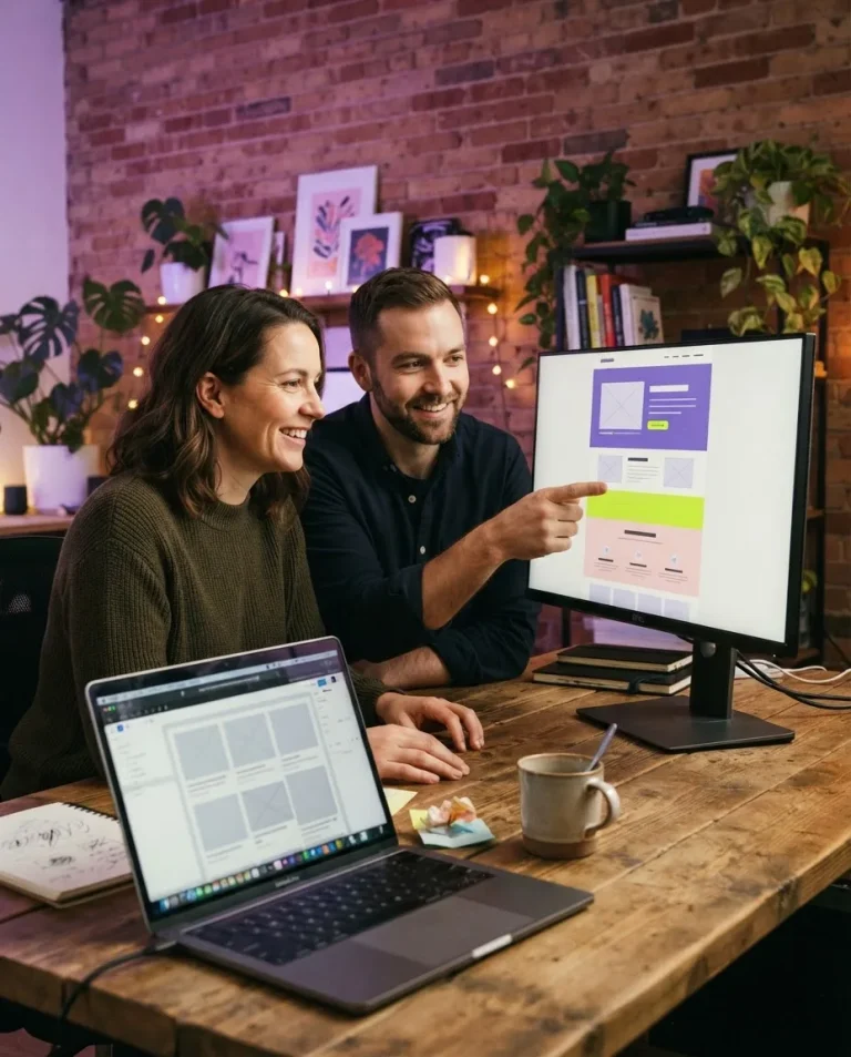 Webdesigner egy átgondolt landing oldalt mutat a vállalkozónak, előtérben a saját, félkész sablonos oldala