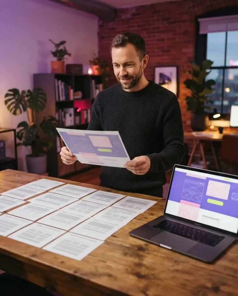 Webdesigner egy egyedi landing oldal-tervet néz, előtte az asztalon egyforma, sablonos oldaltervek sora