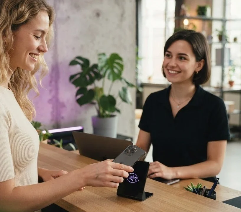 Egy vendég a recepción telefonját az NFC-táblához érintve foglal időpontot