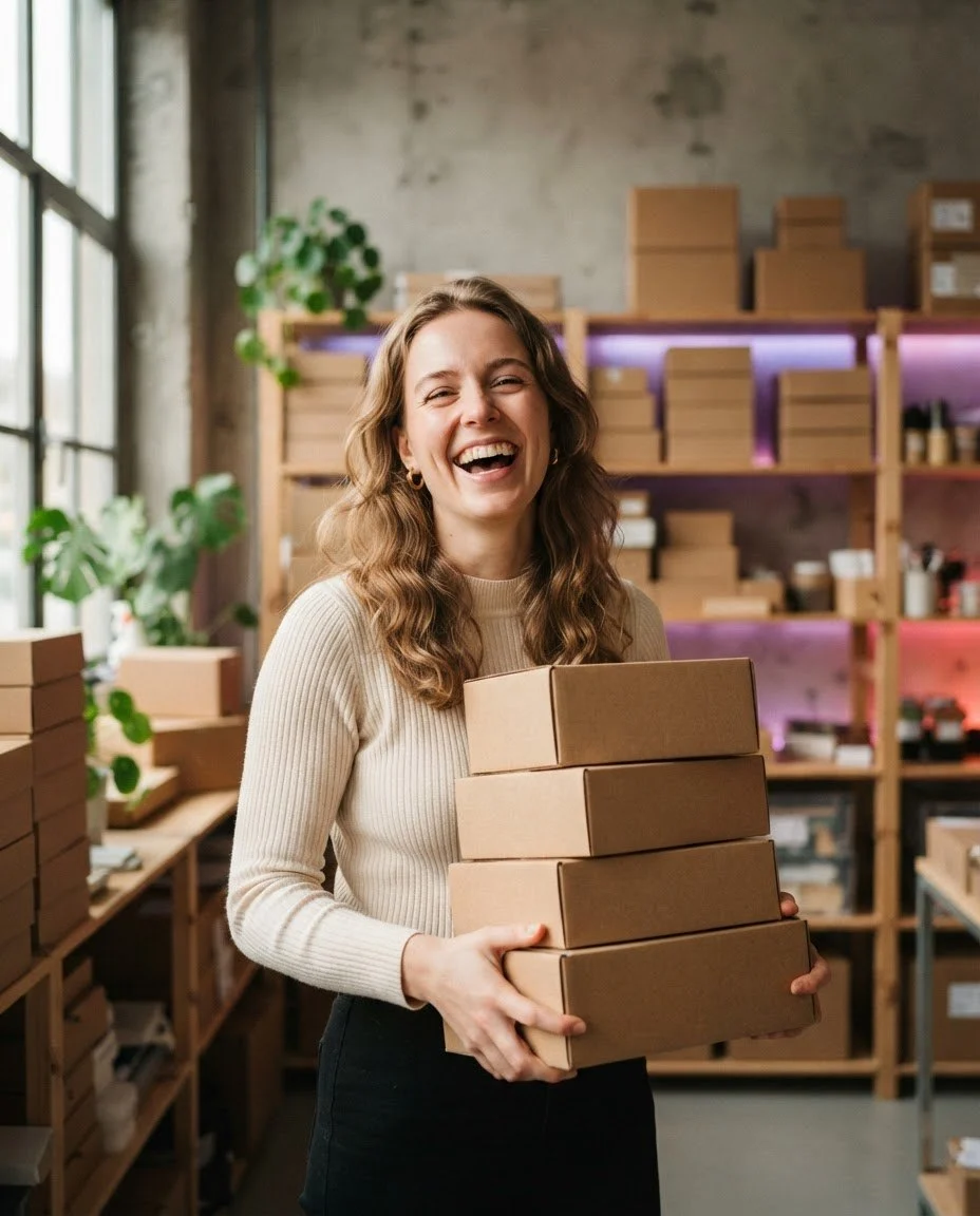 Nevető fiatal webshop-alapító feladásra kész csomagokkal a loft raktárában